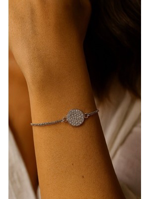 TRY Gümüş Renk Yuvarlak Beyaz Taş  Asansör Çelik Bileklik - 3605