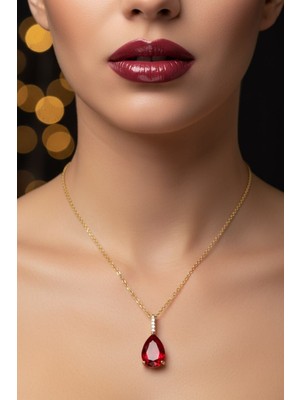 TRY Altın Renk Sıra Taşlı Bordo Damla Model  Sf  Zincir Çelik Kolye - 3745