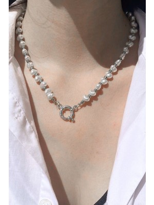 TRY Gümüş Renk Kadın Barok Kilit Dümen Incili Kolye - 2910