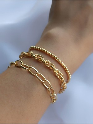 TRY Altın Renk Kadın Üçlü Zincir Kombin Bileklik -  2413