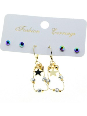 TRY Altın Renk Yıldız Yuvarlak Kombin Gri Boncuk Küpe - 2836