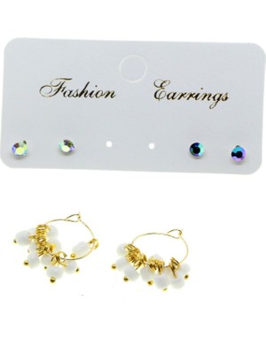 TRY Altın Renk Yuvarlak Düz Kombin Beyaz Boncuk Küpe - 2860