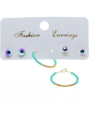 TRY Altın Renk Kombin Yuvarlak Turkuaz Boncuk Küpe - 2828