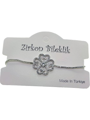 TRY Gümüş Renk Dörtlü Kalp Yonca Asansör Zirkon Bileklik - 2729
