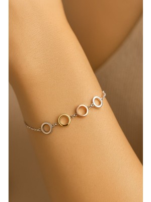 TRY Gümüş Renk Yuvarlak Zincir Sarı Beyaz Asansör Çelik Bileklik - 3621
