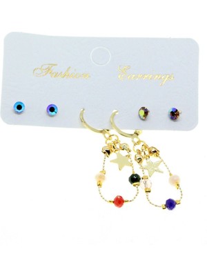 TRY Altın Renk Yıldız Yuvarlak Kombin Asorti Boncuk Küpe - 2835