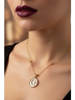 TRY Altın Renk Beyaz Mineli Ay Yıldız Model Top Zincir Çelik Kolye- 3720