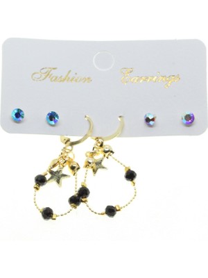 TRY Altın Renk Yıldız Yuvarlak Kombin Siyah Boncuk Küpe - 2839