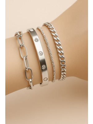 TRY Gümüş Renk Dikdörtgen Taşlı Kartier Burgu Cadena Zincir Kombin Bileklik - 3372