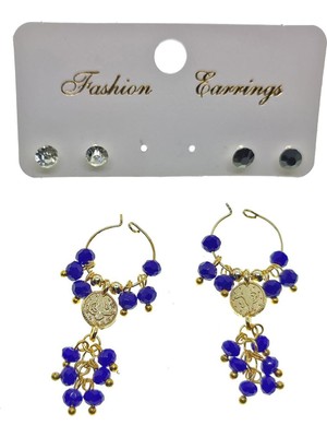 TRY Altın Renk Mavi  Boncuk Şık Sallantılı El Işi Kombin Küpe - 2230