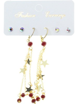 TRY Altın Renk Yıldız Püsküllü Kombin Kırmızı Küpe - 2811