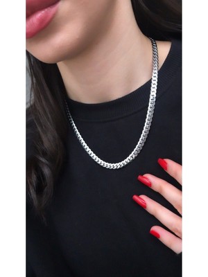 TRY Gümüş Renk Unisex Çelik Kalın Örme Zincir 55 cm Çelik Kolye - 2675