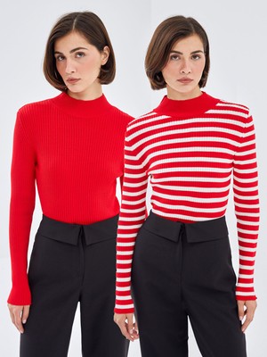 Lc Waikiki Yeni Sezon Yarım Balıkçı Yaka Çizgili Kadın Triko Kazak 2'li