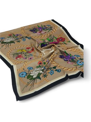 Gucci Vual Ipek Şal Çiçekli Zincirli Desen Gold Siyah