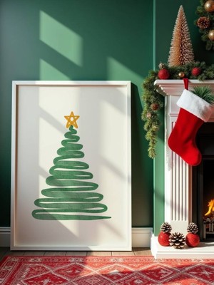 Fuart.Co Yıldızlı Yeşil Çam Ağacı Çizimidjital Baskı Noel Temalı Poster (Çerçevesiz) Nofu