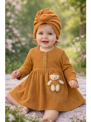 Popshops Bebek Kız Elbise ve Bone Takımı – Pamuklu Ayıcık Detaylı Uzun Kollu Günlük Elbise