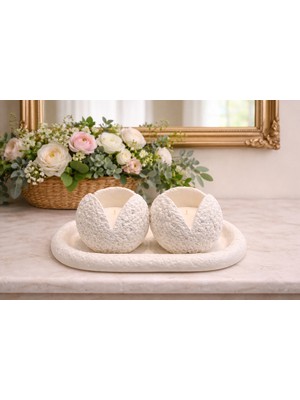 Glaze Mud 2’li Beyaz Taş Dokulu Dekoratif Mum ve Oval Tepsi Seti