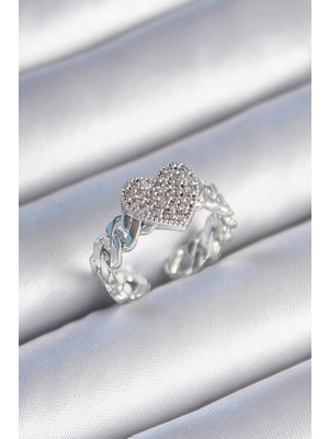 LTG Nova Pirinç Gümüş Renk Zincir Kordon Zirkon Taşlı Kalp Model Kadın Yüzük