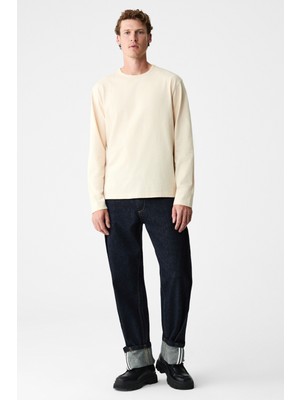 Grimelange GRAVS Erkek %100 Pamuklu Yumuşak Kumaşlı Yuvarlak Yakalı Uzun Kollu Bej T-Shirt