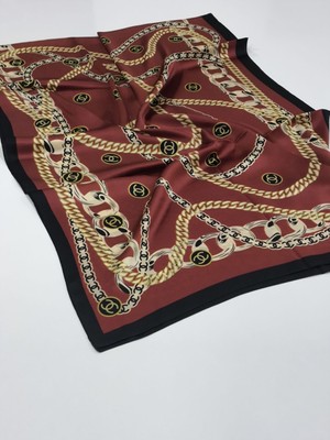 Chanel Vual Ipek Şal Zincir Logolu  Siyah Bordo