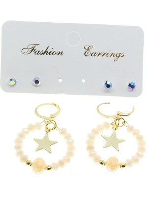 TRY Altın Renk Yuvarlak Yıldız Kombin Somon Boncuk Küpe - 2864