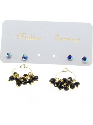 TRY Altın Renk Yuvarlak Düz Kombin Siyah Boncuk Küpe - 2863