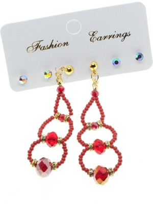 TRY Altın Renk Kombin Üç Yuvarlaklı Kırmızı Boncuk Küpe - 2824