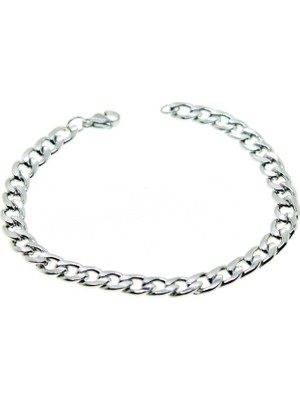 TRY Gümüş Renk Cuban Unisex Erkek Metal Beyaz Çelik Zincir Çelik Bileklik- 2800