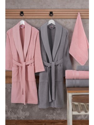 Hobby Casual - Pamuklu Bornoz Seti - Pembe Gri