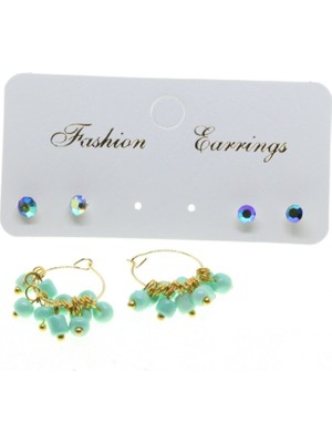 TRY Altın Renk Yuvarlak Düz Kombin Yeşil Boncuk Küpe - 2861