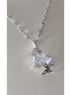 TRY Gümüş Renk Kadın Çelik Ay Hilal Kolye, Kelebek Kolye,yansıması Ayışığı Çelik Kolye - 3404