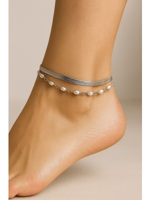 TRY Gümüş Renk Italyan Silindir Sıra Incil Katmanlı Çelik Halhal  - 3458