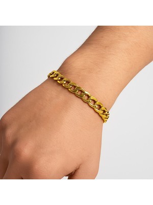 TRY Altın Renk Cuban Kalın Unisex Erkek Metal Beyaz Çelik Zincir Çelik Bileklik- 3334