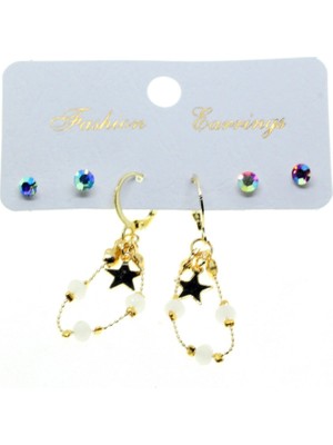 TRY Altın Renk Yıldız Yuvarlak Kombin Beyaz Boncuk Küpe - 2840