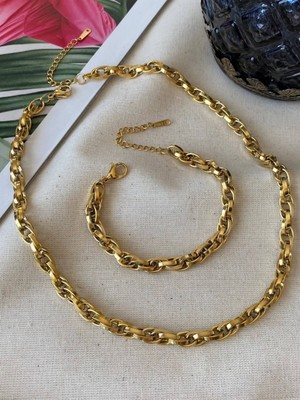 TRY Altın Renk Çelik Iç Içe Geçmeli Halat Unisex Kararmaz Kolye ve Bileklik Çelik Set - 3212