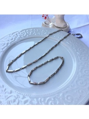 TRY Gümüş Renk Kararmaz Çelik Titanyum Melon Zincir Unisex Kararmaz Kolye ve Bileklik Çelik Set - 3208