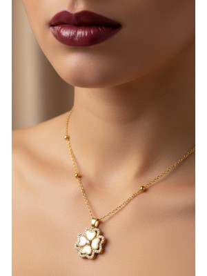 TRY Altın Renk Beyaz Sedef Van Cleef Yonca Model Top Zincir Çelik Kolye- 3726