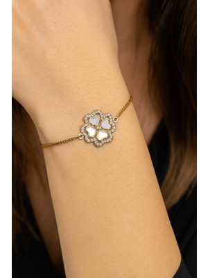 TRY Altın Renk Van Cleef Yonca Krem Sedef Asansör Çelik Bileklik - 3630