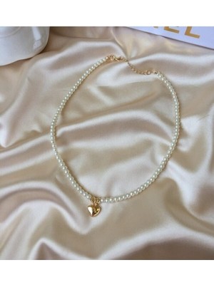 TRY Altın Renk Incili Gold Kalp Uçlu Kolye - 3126