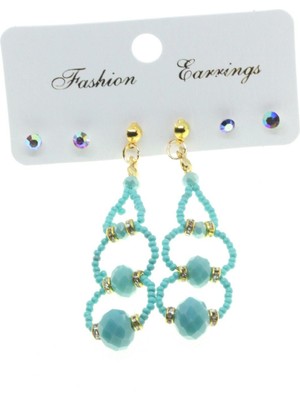 TRY Altın Renk Kombin Üç Yuvarlaklı Turkuaz Boncuk Küpe - 2822