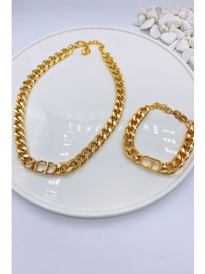 TRY Altın Renk Kombin  CD Harfli Christian Dior Model Kalın Zincir Kolye Bileklik Set  - 3008