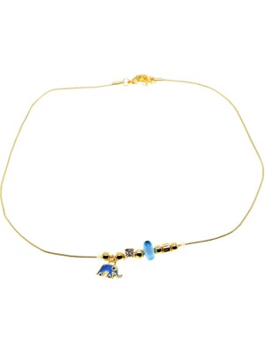 TRY Altın Renk Turkuaz Mineli Fil Pandora Model Zirkon Kolye  - 2998