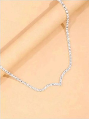 TRY Gümüş Renk Katmanlı Su Yolu  V Model Yeni Sezon Vip Zirkon Abiye Kolye - 2409