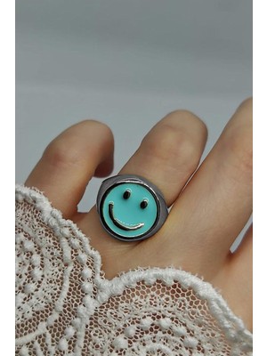 TRY Gümüş Renk Turkuaz  Mineli Gülen Surat Yüzük Ayarlanabilir Her Parmağa Olur  - 2298