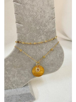 TRY Altın Renk Zirkon Pul Model Singapur ve Top Zincir Çelik Halhal - 3237