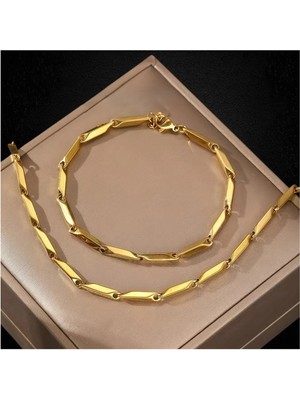 TRY Altın Renk Kararmaz Titanyum Melon Zincir Unisex Kararmaz Kolye ve Bileklik Çelik Set - 3306