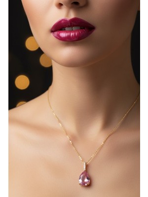 TRY Altın Renk Sıra Taşlı Pembe Damla Model  Sf  Zincir Çelik Kolye - 3746