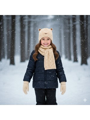 Kitti 1-4 Yaş Kız Çocuk 3'lü Takım Atkı, Bere ve Eldiven Set