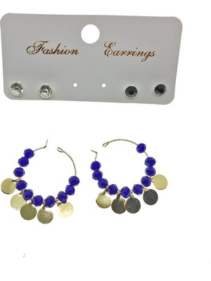 TRY Altın Renk Mavi Boncuk Yuvarlak Pullu Şık Sallantılı El Işi Kombin Küpe - 2223