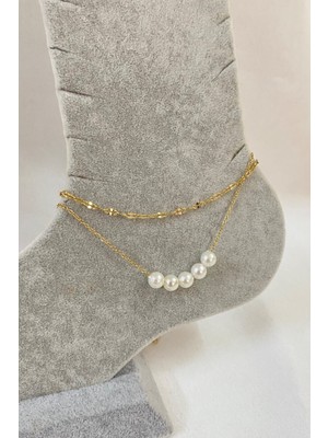 TRY Altın Renk Beş Incili Model Singapur ve Sf Zincir Çelik Halhal - 3226